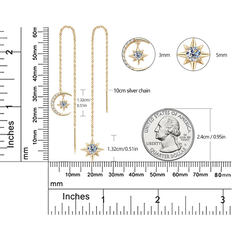 Moissanite Drop Earrings Asymmetry Star Moon Chain Ear Thread Threader 925 Sterling Silver for Women Jewelry Gift 12.5cm