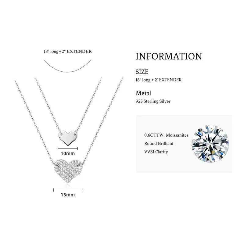 Double Layers Heart Love Necklace 925 Sterling Silver Pave Setting Round Cut Moissanite Necklace