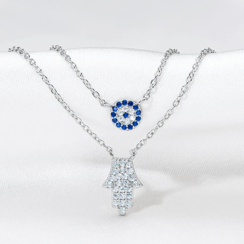 Devil's Eye & Fatima Hamsa Hand Pendant Double Chain Necklace Silver 925 Zircon Boho Protection Choker Women Charm Jewelry