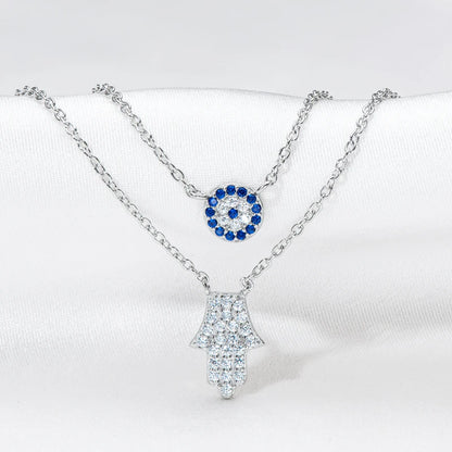Devil's Eye & Fatima Hamsa Hand Pendant Double Chain Necklace Silver 925 Zircon Boho Protection Choker Women Charm Jewelry