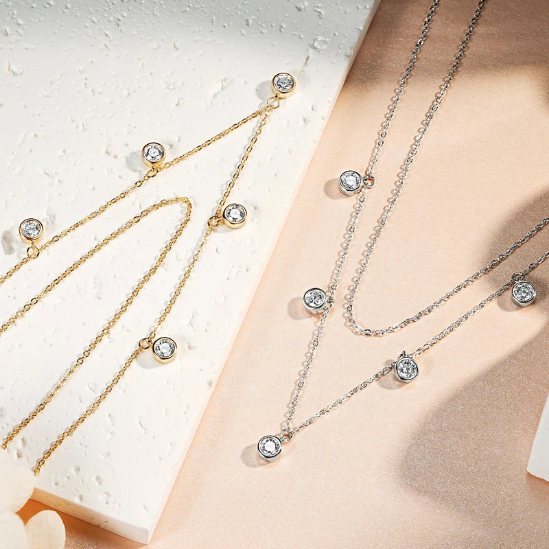 Double Layers 4mm Bezel Moissanite Pendant Necklace Silver 925 Chain for Women Certified Wedding Anniversary Jewelry Gift