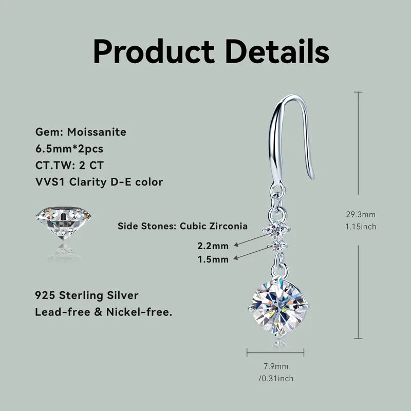 6.5mm 1CT Round D Moissanite Drop Hook Earrings 925 Silver for Women Wedding Engagement Jewelry GRA Certified Ladies Gift