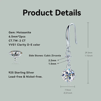 6.5mm 1CT Round D Moissanite Drop Hook Earrings 925 Silver for Women Wedding Engagement Jewelry GRA Certified Ladies Gift