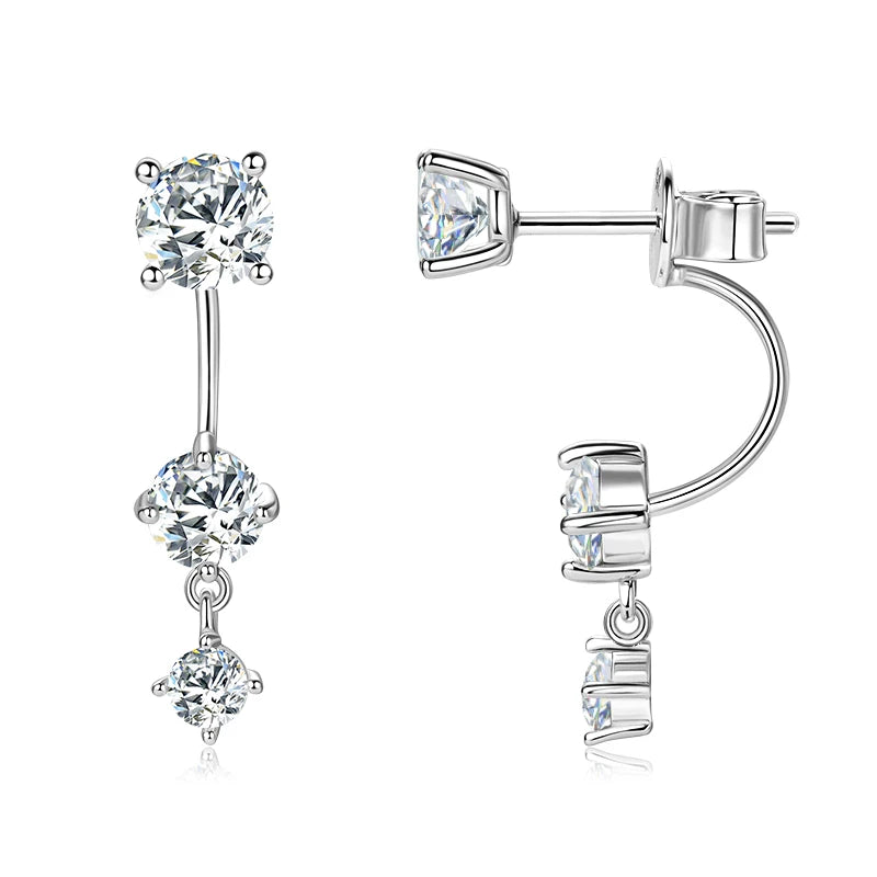 2.0cttw Moissanite Stud Earrings Jacket Real 925 Silver Plated Gold 3 Stones Drop Earrings for Women Jewelry 2025 New Gift