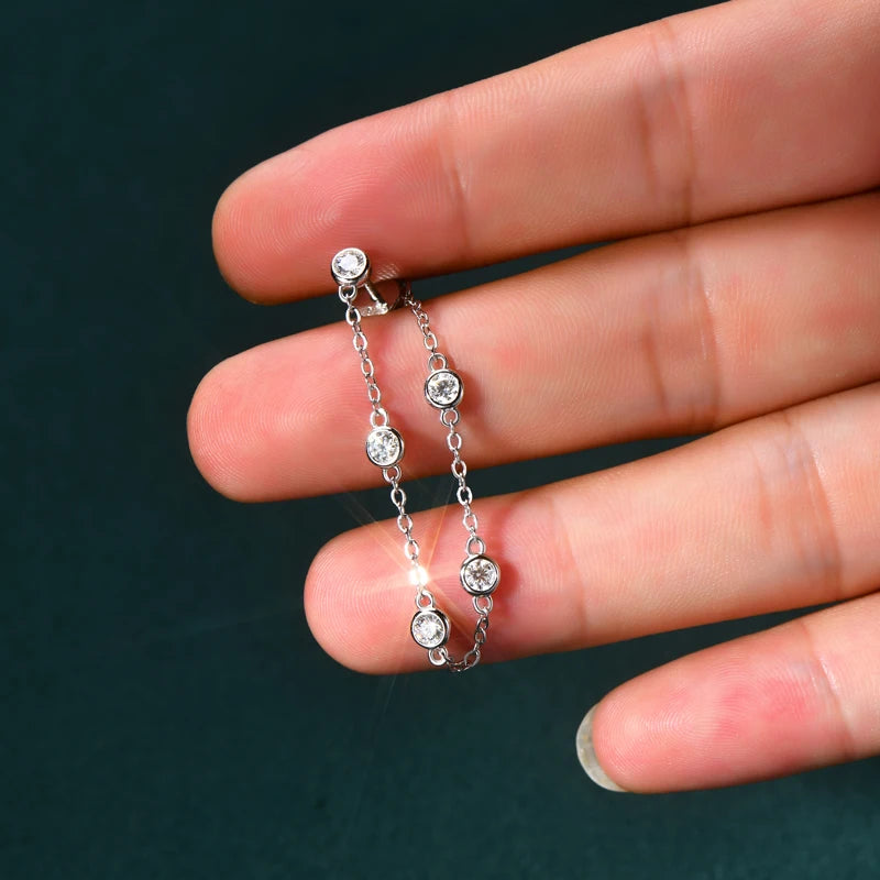 925 Sterling Silver Earrings Bezel Moissanite Long Tassel Chain Drop Earring for Women Trendy Fine Jewelry Christmas Gifts