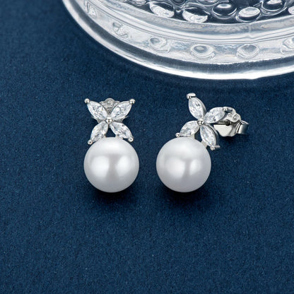 Original 925 Sterling Silver Four-leaf Clover Cubic Zircon With 8mm Bread Bead Pearl Stud Earrings for Women Girls Gift