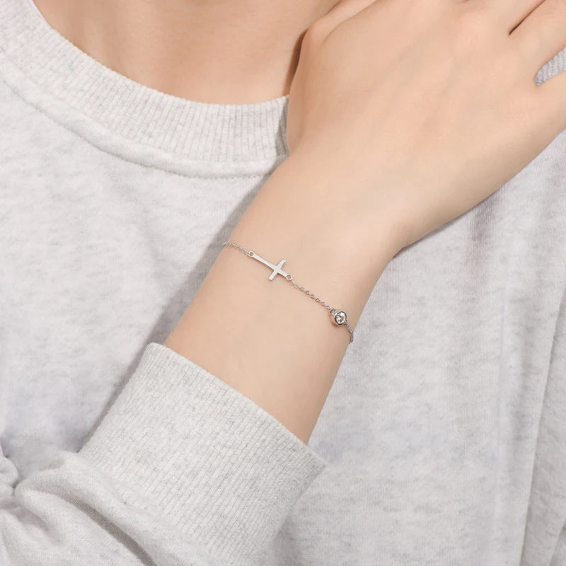 100% 925 Sterling Silver Cross Bracelet with 4mm Bezel Moissanite Diamond for Women Men Fine Jewelry Gift Adjustable Chain