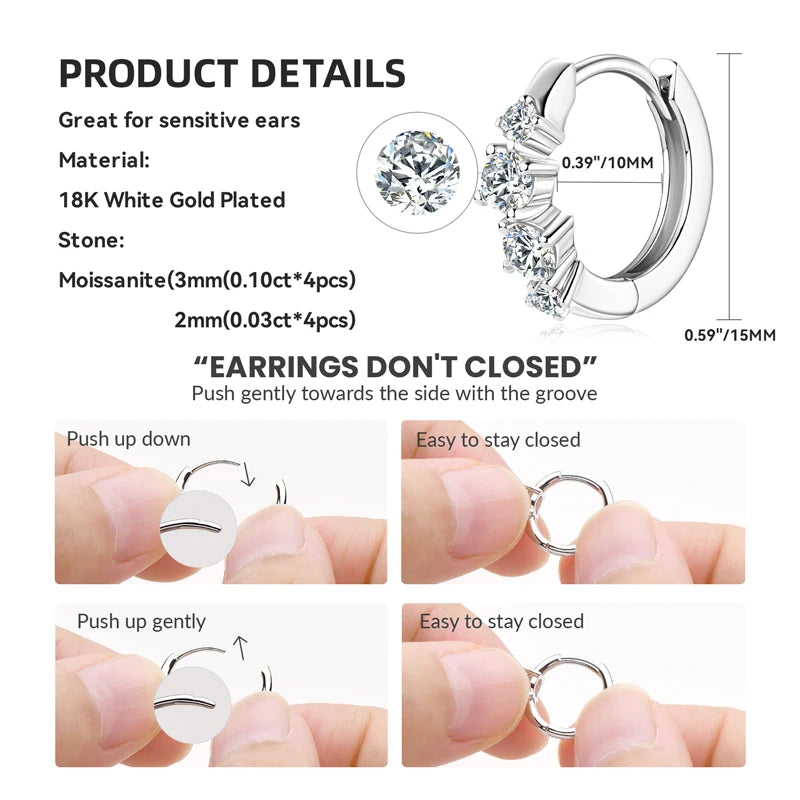 925 Sterling Silver 4 Stones Hoops Huggie Earrings Moissanite Irregular for Women GRA 3mm&2mm Round Cut Classic Jewelry