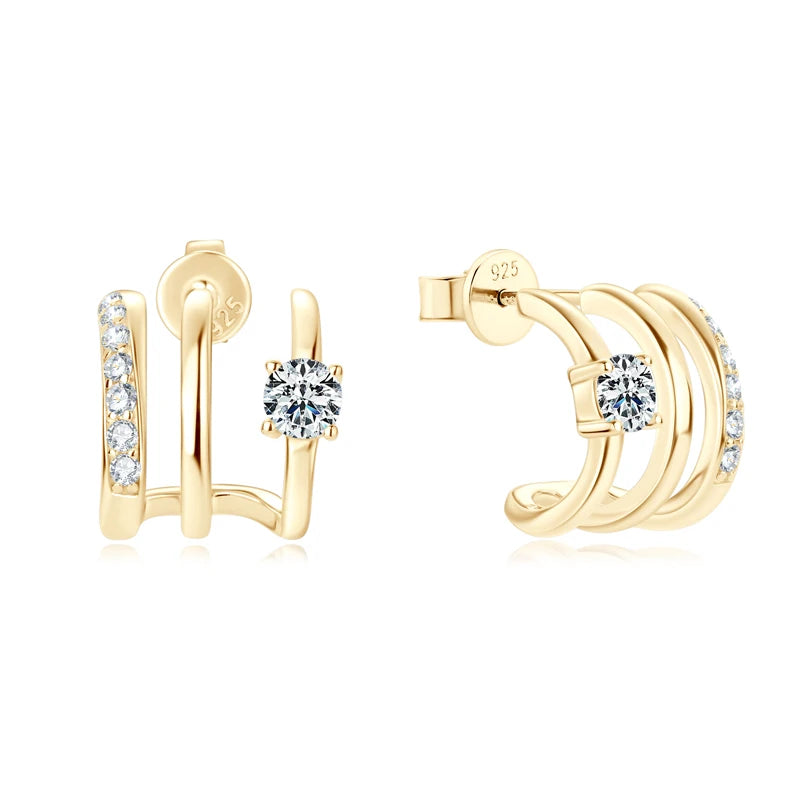 Triple Side Hoops Earrings Half Open Cuff Real 925 Silver Piercing Ear Moissanite Stud Earrings for Women Korean Jewelry