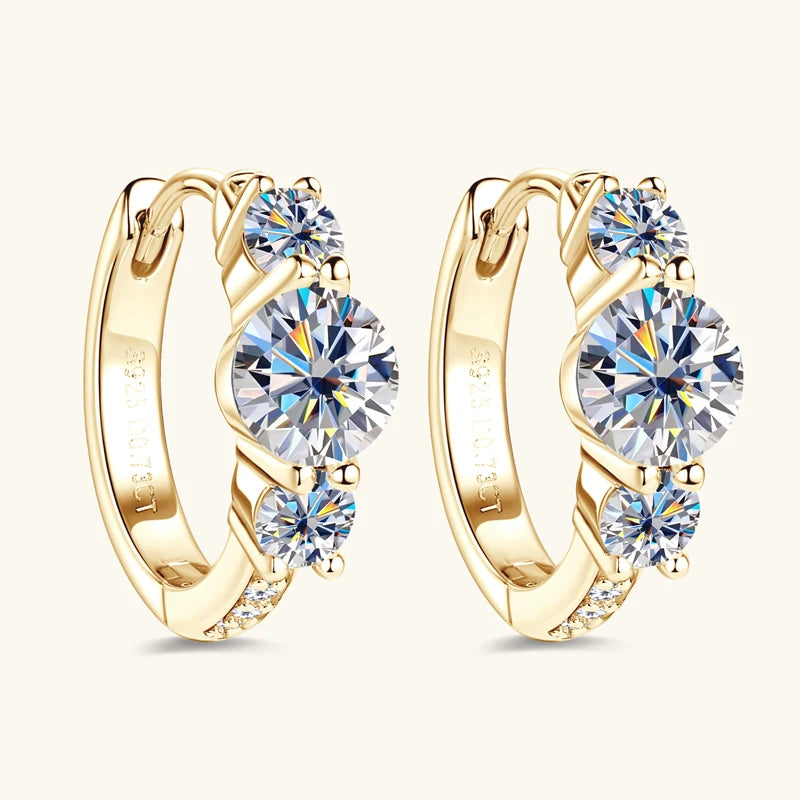 Real 925 Silver 5mm Round Moissanite Three Stone Earrings for Women 2024 New Small Hoop Wedding Jewelry Valentine Day Gift