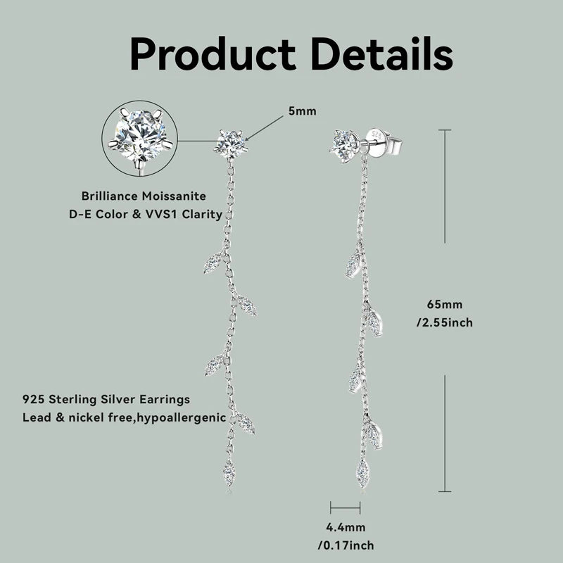 Leaf Dangle Long Drop Earrings Silver 925 for Women Real Moissanite Chandelier Earrings Wedding Jewelry Korean Accessories