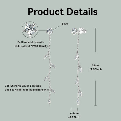Leaf Dangle Long Drop Earrings Silver 925 for Women Real Moissanite Chandelier Earrings Wedding Jewelry Korean Accessories