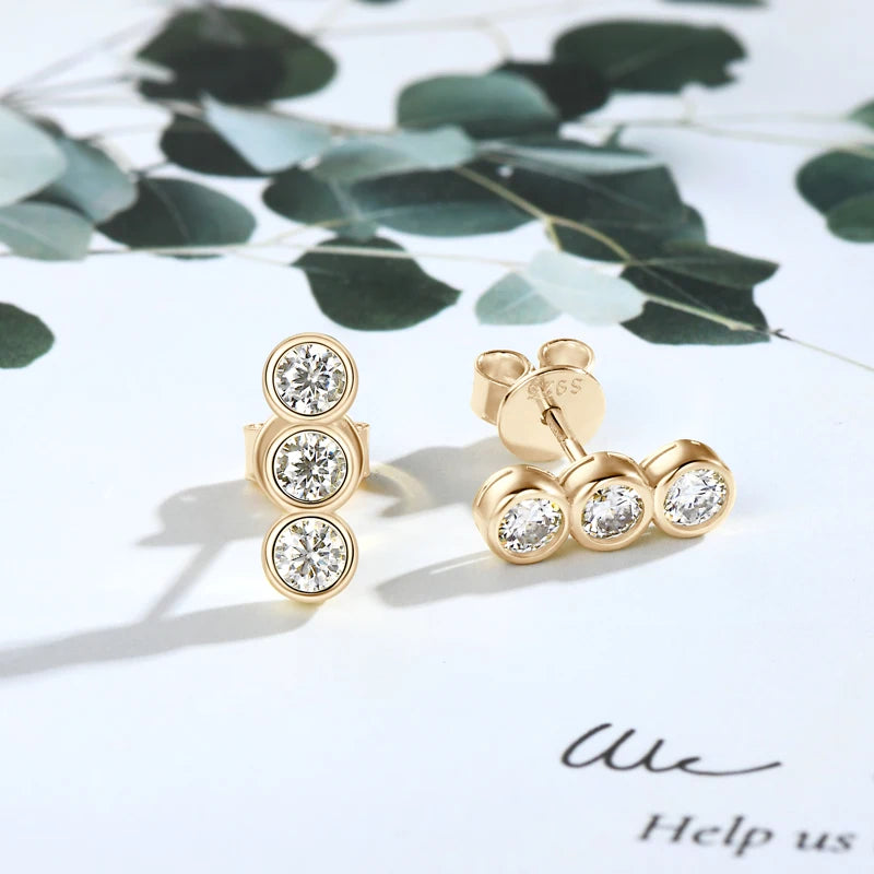 Three Stone Moissanite Earrings Studs for Women 925 Sterling Silver Earrings Trendy Bezel Setting Jewelry Valentine's Gift