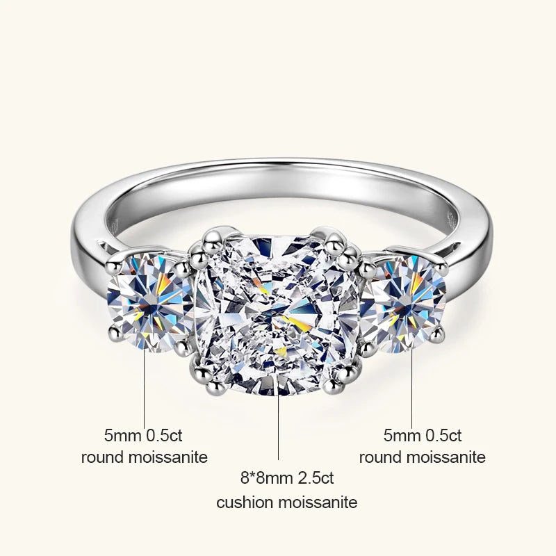 3.5CTTW. Cushion & Round Moissanite Ring 925 Silver 3 Stone Engagement Wedding Promise Rings For Women Finger Jewelry GRA