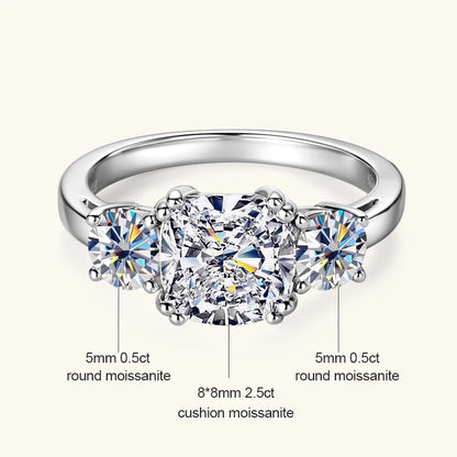 3.5CTTW. Cushion & Round Moissanite Ring 925 Silver 3 Stone Engagement Wedding Promise Rings For Women Finger Jewelry GRA