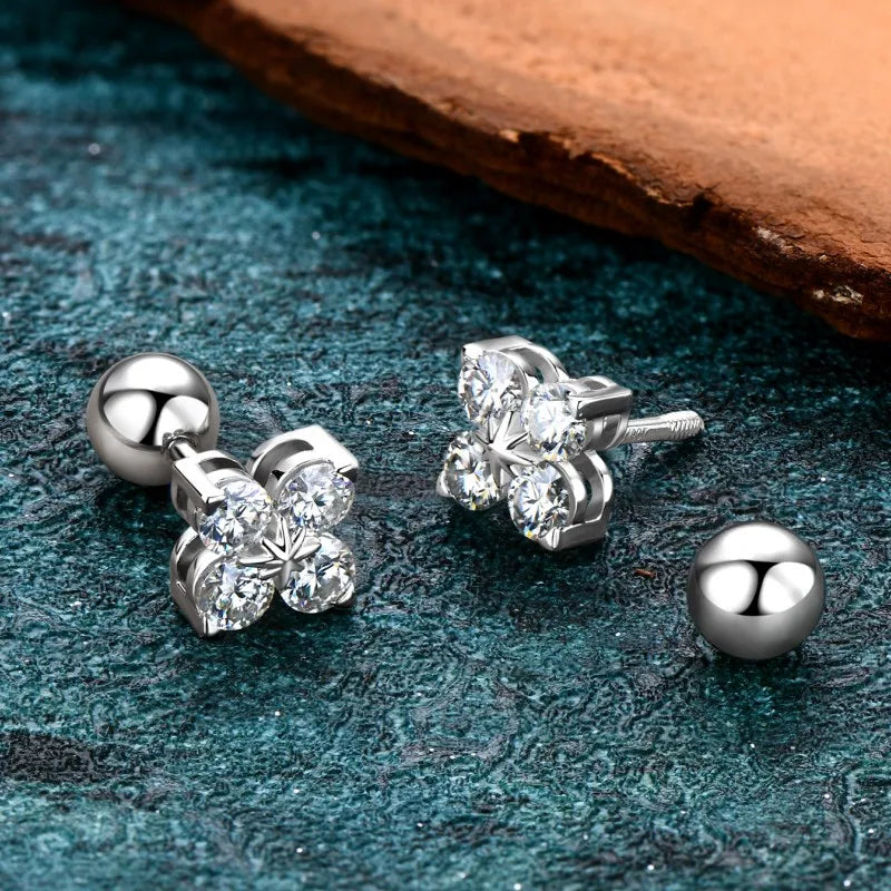 Lucky Four Leaf Clover Moissanite Stud Earrings 925 Sterling Silver Screw-Back Piercing Ear Jewelry for Women Men Gifts