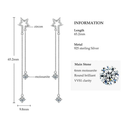 4mm D Moissanite Star Tassel Drop Stud Earrings for Women Long Chain Dangle Earrings 925 Silver GRA Certified Fine Jewelry