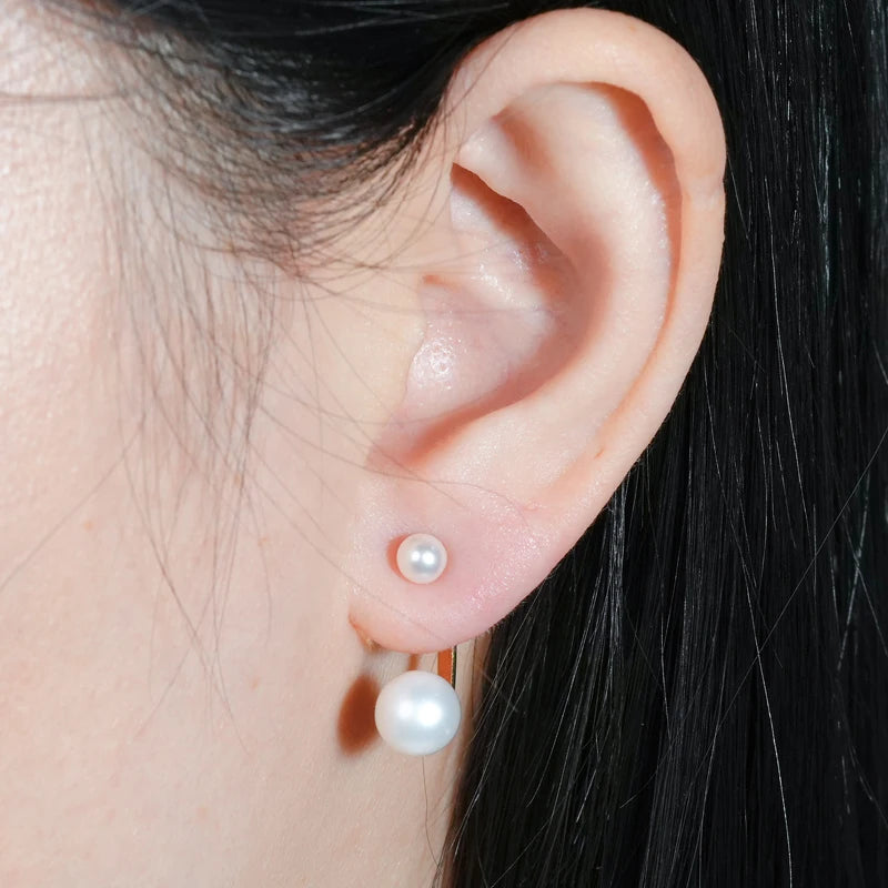 925 Sterling Silver Jacket Earrings Round Natural Freshwater Pearl Studs Front-back Earrings for Women Fine Jewel Gifts
