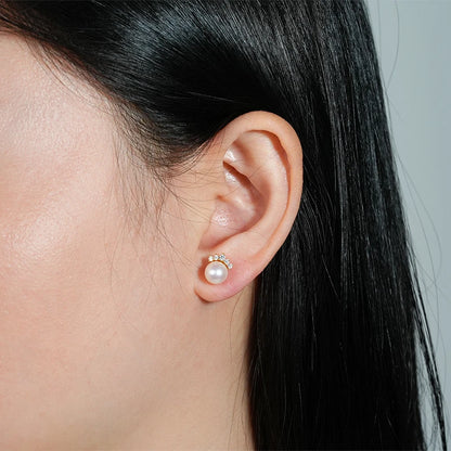 100% S925 Sterling Silver 7.5-8mm Natural Freshwater White Pearl Crown Piercing Stud Earrings for Women Fine Jewel Gifts