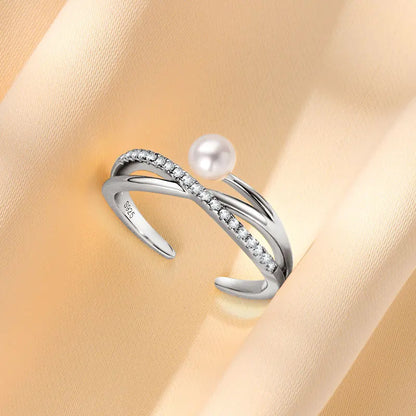 925 Sterling Silver Cross Ring 4-4.5mm Natural Freshwater Pearl Rings for Women Fashion adjustable Open Finger Band Jewel