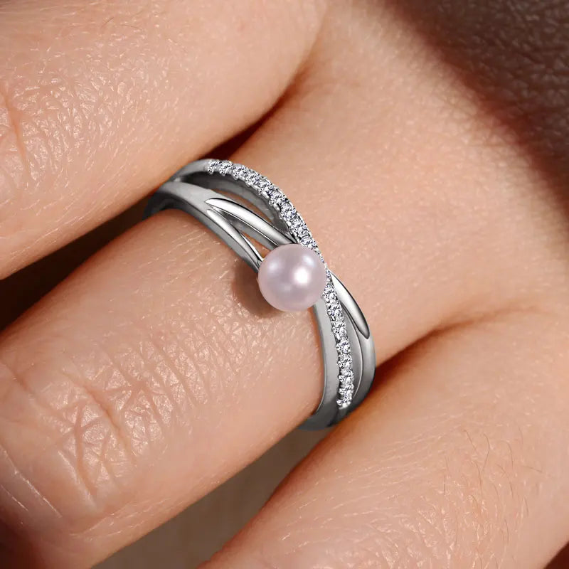 925 Sterling Silver Cross Ring 4-4.5mm Natural Freshwater Pearl Rings for Women Fashion adjustable Open Finger Band Jewel