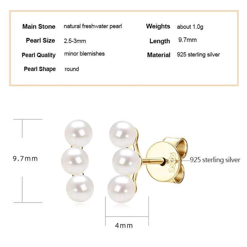 925 Sterling Silver Earrings Piercing Studs Round 3mm Natural Freshwater White Pearl Earrings for Women Fine Jewel Gifts