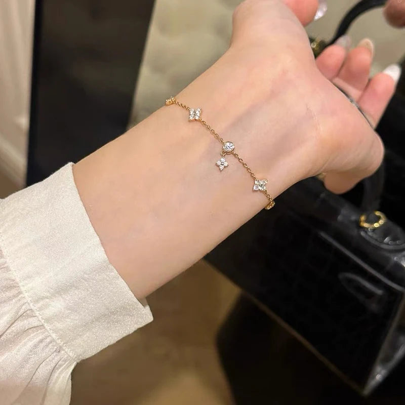 GRA Certified Moissanite Bracelet 925 Sterling Silver Women's Clover Flower Bracelets Adjustable S925 Chain Trendy Jewelry