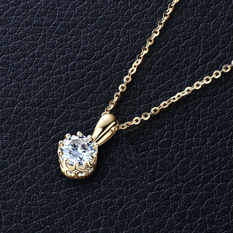 Crown Pendant Necklace 100% Real Silver 925 Chain Round 1CT VVS1 Moissanite Necklace for Women Charm Gift Birthday Jewelry