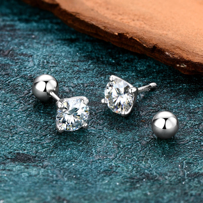 2.0ctw D Color Moissanite Earrings Studs Original 925 Silver Earrings Ball Screw Back Jewelry for Women Men 6.5mm 1 Carat