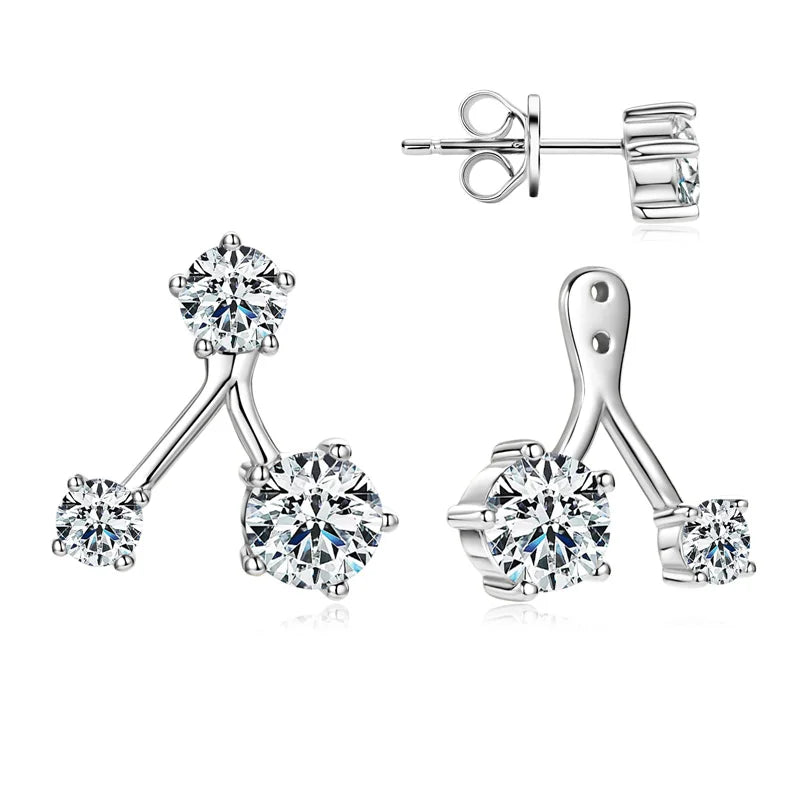 2024 New D1.80CT Moissanite Stud Earrings Three Stones Ear Jacket for Women 925 Sterling Silver Earring Dual Use Jewelry Gift