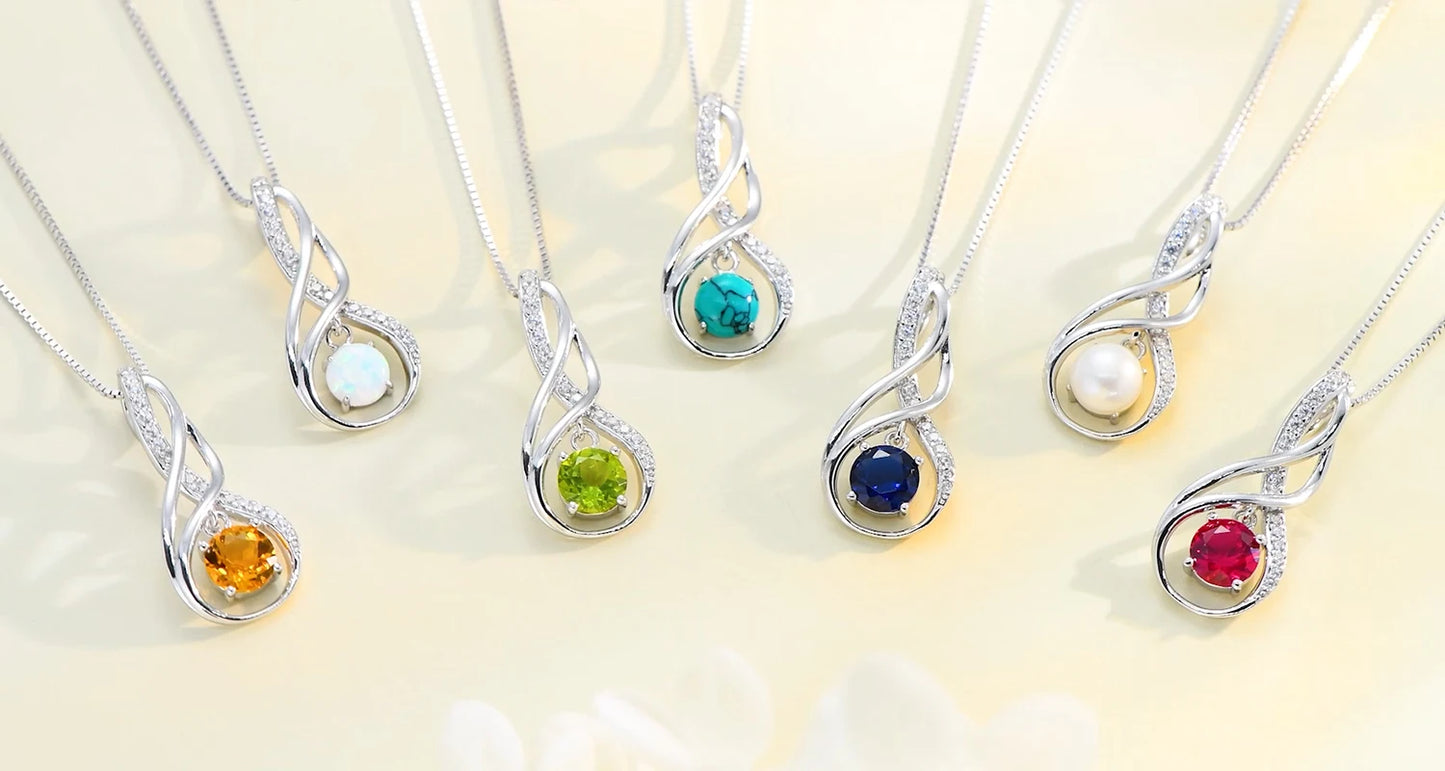 12 Birthstone Infinity Pendant Necklace for Women 925 Silver Colorful Gemstone 6.5mm Moissanite Zirconia Jewelry Birthday Gift
