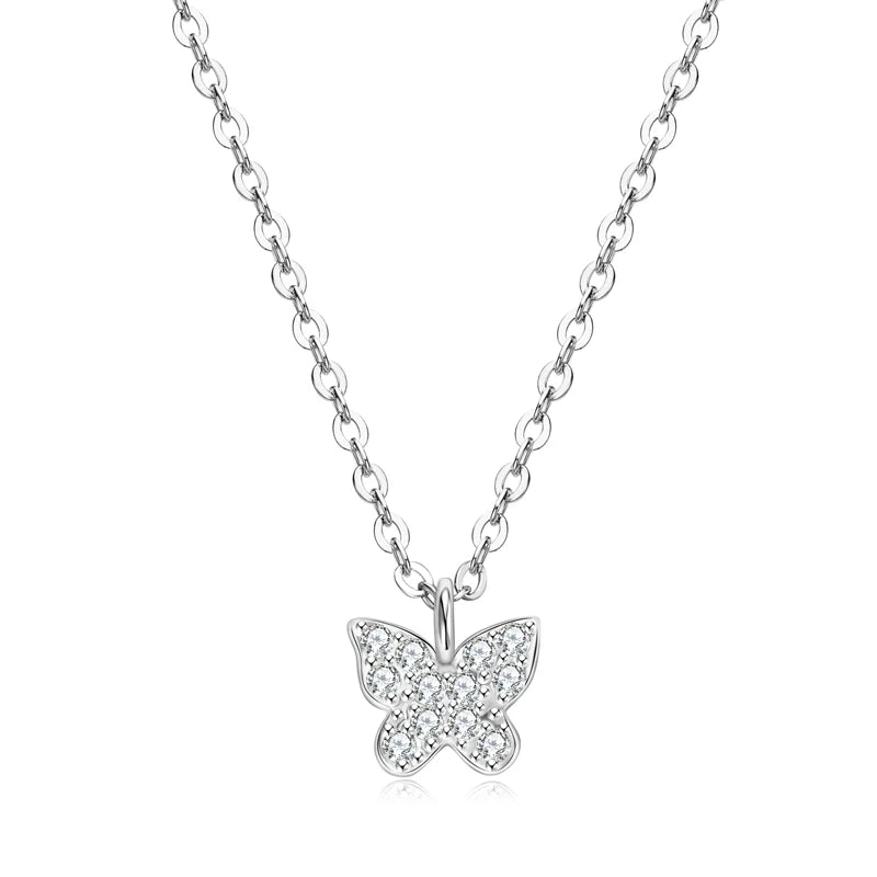 2024 Cute 925 Sterling Silver Butterfly Necklace Pave Round Moissanite Pendant Collar for Women Jewelry Wedding Anniversary Gift