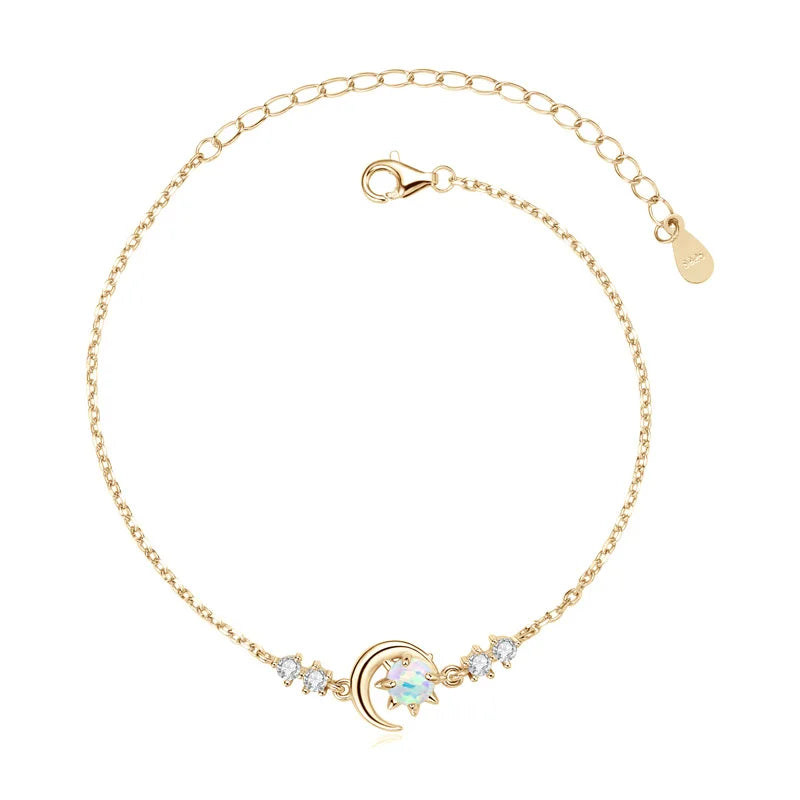 Fashion White Opal Sun and Moon Bracelet Real 925 Silver Chain Bracelets for Women with 5A Zircon New Year Christmas Gifts