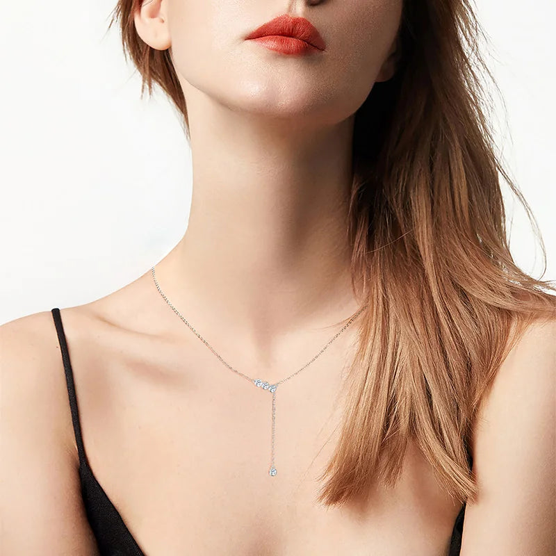 Real 925 Sterling Silver Y Lariat Necklace 2024 3mm Bezel Round Moissanite Pendant Necklaces for Women Wedding Party Jewel