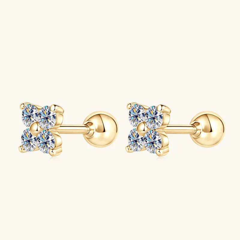 Solid Gold 10K Clover Flower 2.5mm Moissanite Earrings Studs for Women GRA Certified Gold Jewelry Charm Piercing Earrings
