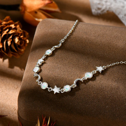 Bezel Artificial Opal Bracelet S925 Silver Chain Moon Star Bracelets for Women Girl 2024 Trendy Gift New Year Christmas