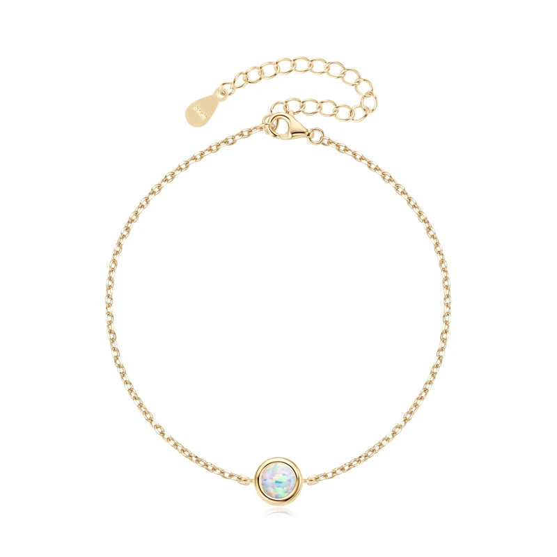 Bezel 6mm Opal Solitaire Bracelet Adjustable 925 Silver Chain 2024 Trendy Bracelets for Women Girl Christmas Jewelry Gift