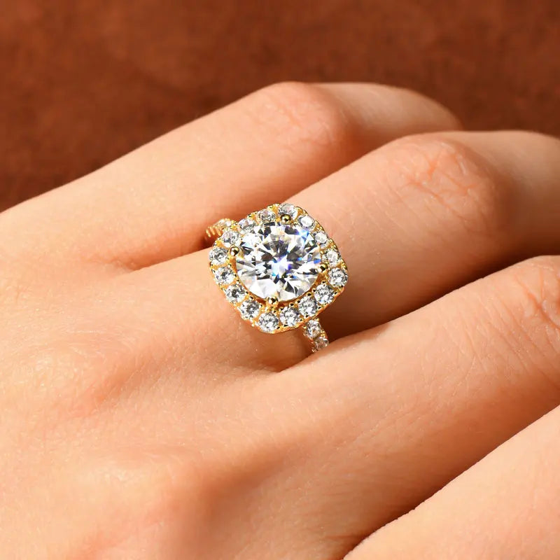 Real 2CT 8mm Round Moissanite Square Ring 925 Sterling Silver Luxury Brilliant Diamond Wedding Finger Rings Band For Women