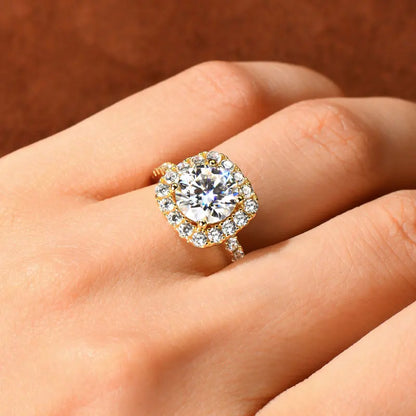 Real 2CT 8mm Round Moissanite Square Ring 925 Sterling Silver Luxury Brilliant Diamond Wedding Finger Rings Band For Women