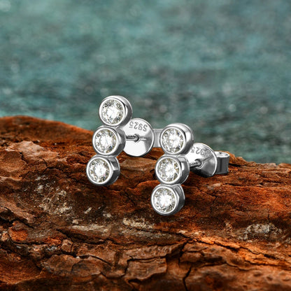 New Studs Earrings for Women 925 Sterling Silver Bezel Setting 3mm Real Moissanite Earrings Three Stone Piercing Jewelry Gifts