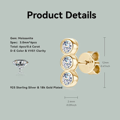 Three Stone Moissanite Earrings Studs for Women 925 Sterling Silver Earrings Trendy Bezel Setting Jewelry Valentine's Gift