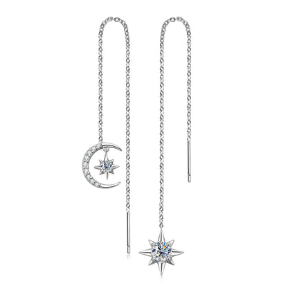 Moissanite Drop Earrings Asymmetry Star Moon Chain Ear Thread Threader 925 Sterling Silver for Women Jewelry Gift 12.5cm