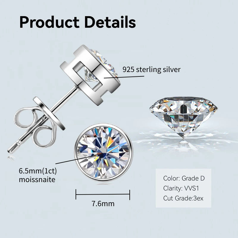Bezel 5mm 6.5mm 1CT D Color Moissanite Earrings 925 Sterling Silver Plated K Gold Earrings for Men Women Gift Valentine's