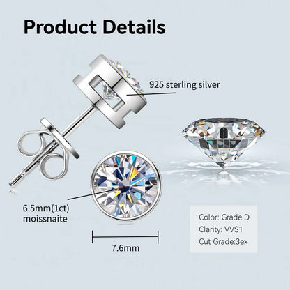Bezel 5mm 6.5mm 1CT D Color Moissanite Earrings 925 Sterling Silver Plated K Gold Earrings for Men Women Gift Valentine's