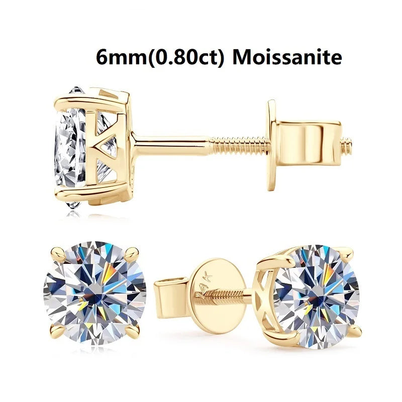 10K Solid Gold Stud Earrings Sparking 6.5mm 6mm 0.8-1CT D-E Moissanite Classic Earrings for Women Men Jewelry GRA Certificate