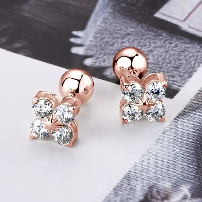 Lucky Four Leaf Clover Moissanite Stud Earrings 925 Sterling Silver Screw-Back Piercing Ear Jewelry for Women Men Gifts