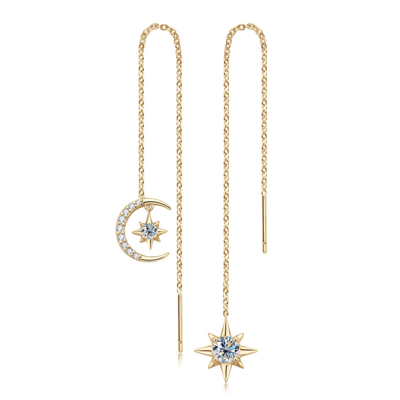 Moissanite Drop Earrings Asymmetry Star Moon Chain Ear Thread Threader 925 Sterling Silver for Women Jewelry Gift 12.5cm