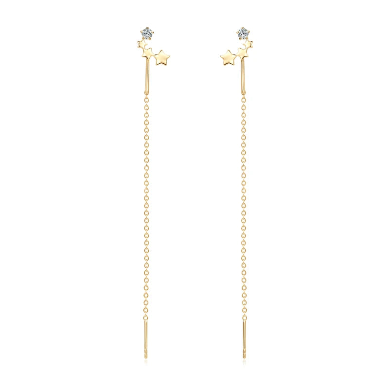 2024 Trendy 925 Sterling Silver Four Stars Stud Ear Line Earrings 3mm Round Moissanite Long Earrings Threader for Women