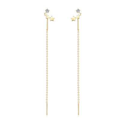 2024 Trendy 925 Sterling Silver Four Stars Stud Ear Line Earrings 3mm Round Moissanite Long Earrings Threader for Women