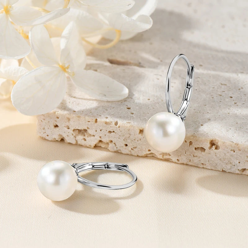 100% 925 Sterling Silver 8-9mm Natural Freshwater Pearl Drop Hoop Earrings White Pearl Wedding Fine Jewelry for Women Gift
